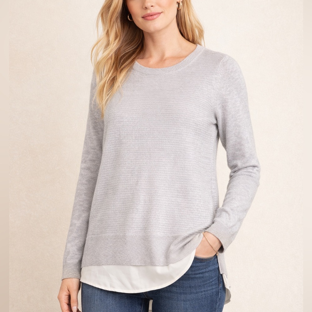 Hilary Radley Women’s Two-Fer Sweater Top Knit Heather Gray Medium Layered Hem